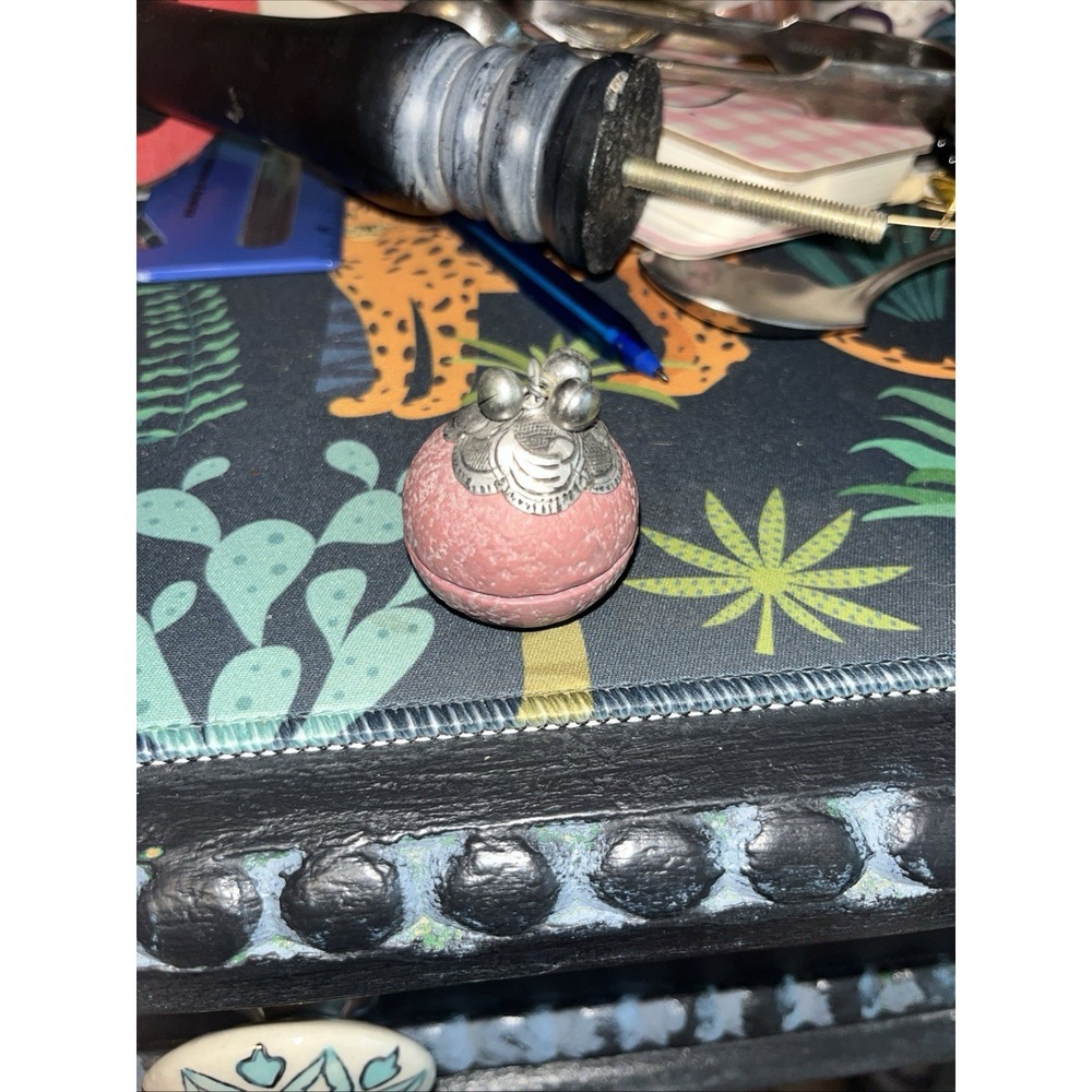 Handcrafted Mango Wood Thailand Round Trinket Box With Silver Metal And Bells - Picture 5 of 5